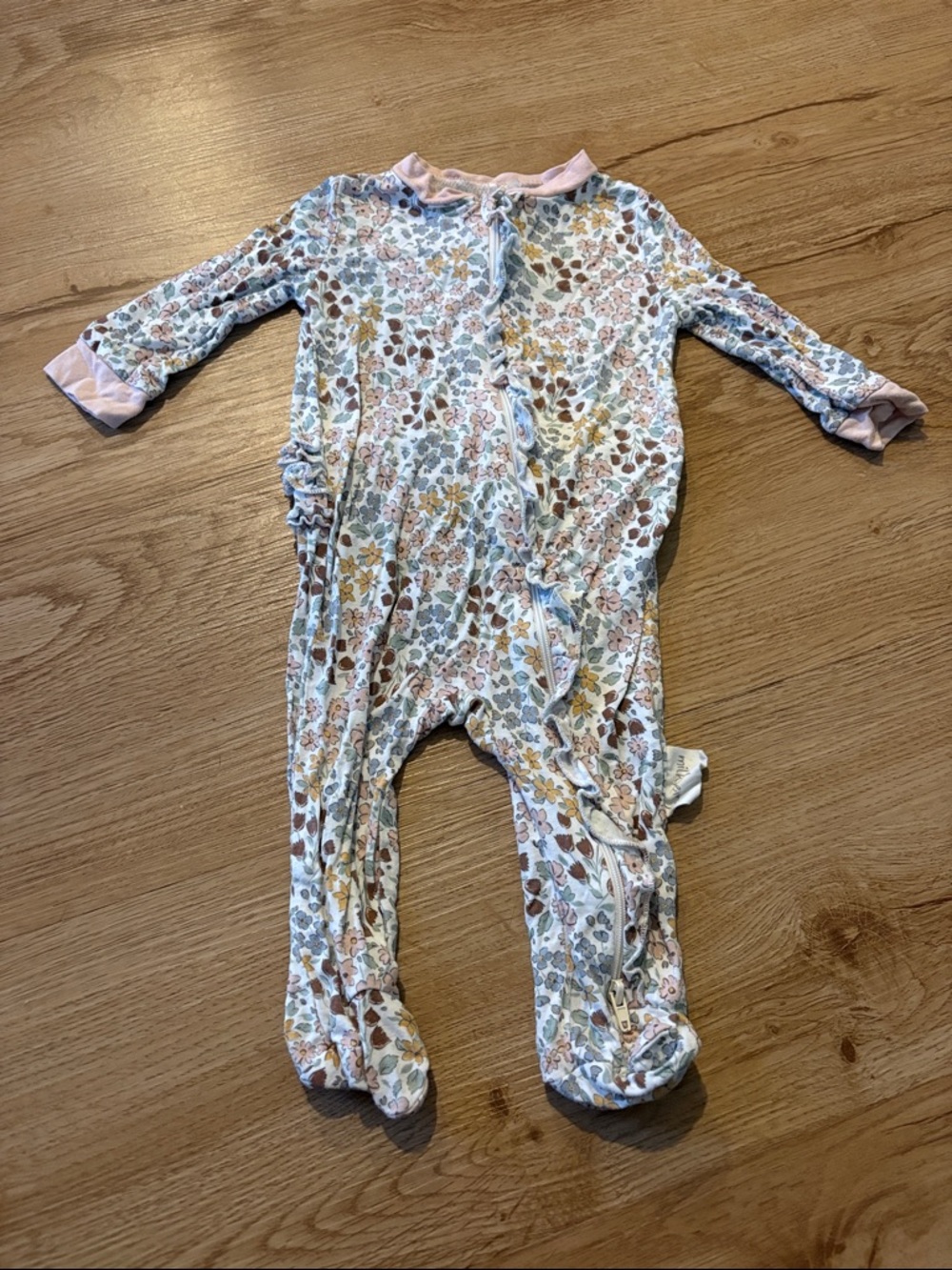 Milkberry Floral Print Pink-Trim Baby One-Piece Footed Pajamas